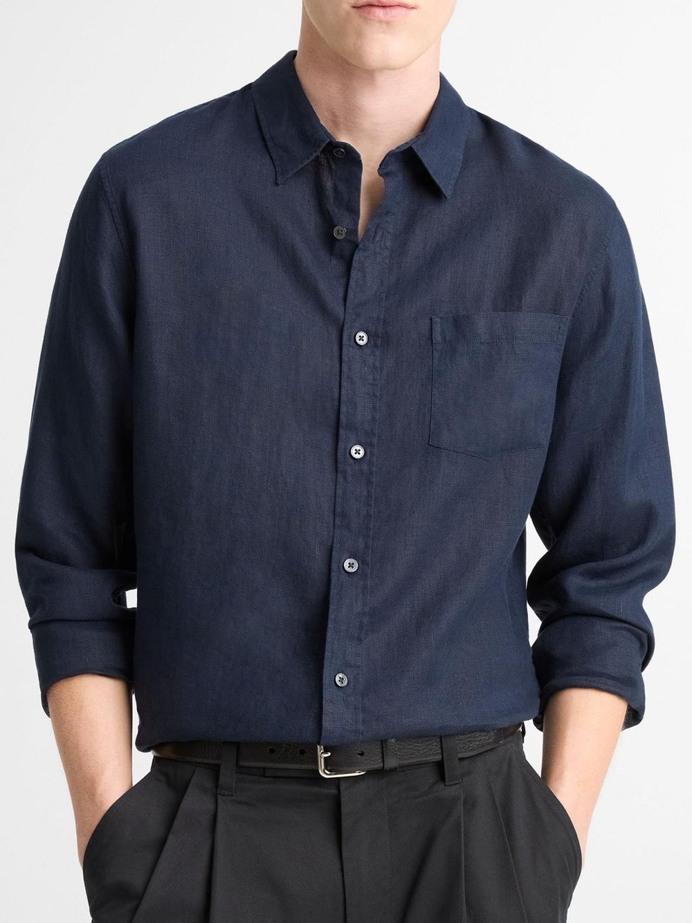 Vince Linen Button-Front Shirt Coastal Blue Navy Medium